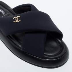 Chanel Black Fabric CC Slide Sandals Size 42