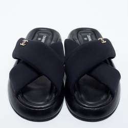 Chanel Black Fabric CC Slide Sandals Size 42