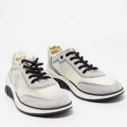 Pre Owned Chanel Cream/Black Mesh Lycra CC Low Top Sneakers Size 46