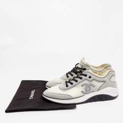 Pre Owned Chanel Cream/Black Mesh Lycra CC Low Top Sneakers Size 46