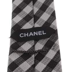 Chanel Monochrome Checked Fringed Flat Tip Silk Tie
