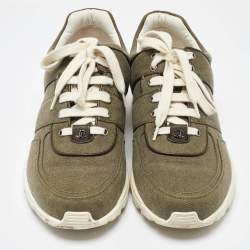 Chanel Army Green/White Canvas and Leather CC Low Top Sneakers Size 45