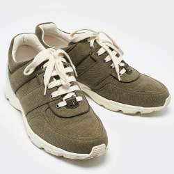 Chanel Army Green/White Canvas and Leather CC Low Top Sneakers Size 45