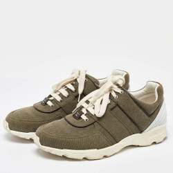 Chanel Army Green/White Canvas and Leather CC Low Top Sneakers Size 45