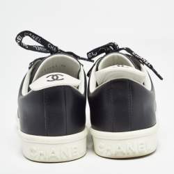 Pre Owned Chanel Black Leather Logo Lace Up CC Sneakers Size 38