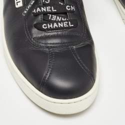 Pre Owned Chanel Black Leather Logo Lace Up CC Sneakers Size 38
