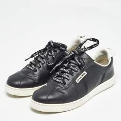 Pre Owned Chanel Black Leather Logo Lace Up CC Sneakers Size 38