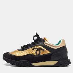 Chanel Gold Leather and Nylon CC Lace Up Sneakers  Size 43