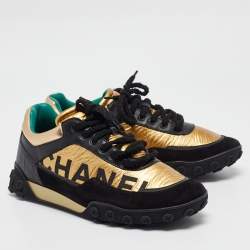 Chanel Gold Leather and Nylon CC Lace Up Sneakers  Size 43