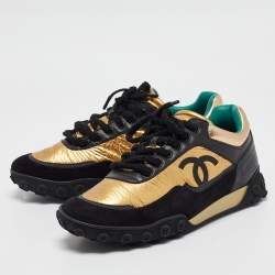Chanel Gold Leather and Nylon CC Lace Up Sneakers  Size 43