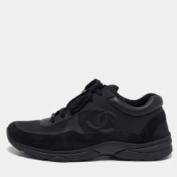 Chanel Black Leather and Suede CC Lace Up Sneakers Size 44