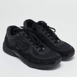 Chanel Black Leather and Suede CC Lace Up Sneakers Size 44