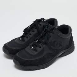 Chanel Black Leather and Suede CC Lace Up Sneakers Size 44