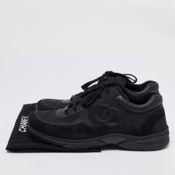 Chanel Black Leather and Suede CC Lace Up Sneakers Size 44