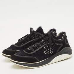 Chanel Black Suede and Tweed CC Low Top Sneakers Size 43