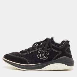 Chanel Black Suede and Tweed CC Low Top Sneakers Size 43