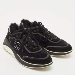 Chanel Black Suede and Tweed CC Low Top Sneakers Size 43