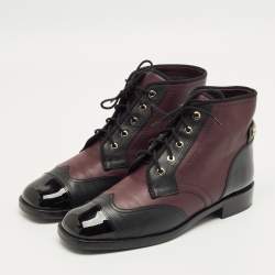 Pre Owned Chanel Burgundy/Black Patent and Leather CC Cap Toe Ankle Length Boots Size 41.5
