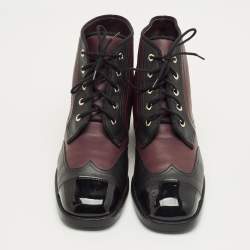 Pre Owned Chanel Burgundy/Black Patent and Leather CC Cap Toe Ankle Length Boots Size 41.5