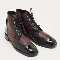 Pre Owned Chanel Burgundy/Black Patent and Leather CC Cap Toe Ankle Length Boots Size 41.5