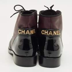 Pre Owned Chanel Burgundy/Black Patent and Leather CC Cap Toe Ankle Length Boots Size 41.5