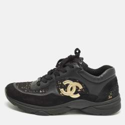 مملوكة مسبقًا Chanel CC Size 42 Black Suede and Tweed Lace Up Sneakers