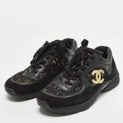 Pre Owned حذاء رياضي شانيل جلد وتويد أسود/ذهبي مزين سي سي منخفض من أعلى مقاس 39