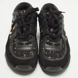 Pre Owned حذاء رياضي شانيل جلد وتويد أسود/ذهبي مزين سي سي منخفض من أعلى مقاس 39