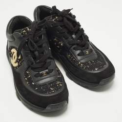 Pre Owned حذاء رياضي شانيل جلد وتويد أسود/ذهبي مزين سي سي منخفض من أعلى مقاس 39