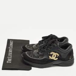 Pre Owned حذاء رياضي شانيل جلد وتويد أسود/ذهبي مزين سي سي منخفض من أعلى مقاس 39