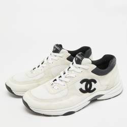 Pre Owned Chanel CC Size 46 White/Grey Leather and Suede Lace Up Sneakers