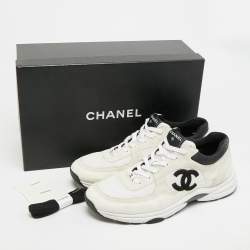 Pre Owned Chanel CC Size 46 White/Grey Leather and Suede Lace Up Sneakers