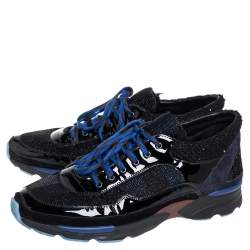 Chanel Black Patent Leather And Tweed Low Top Sneakers Size 44