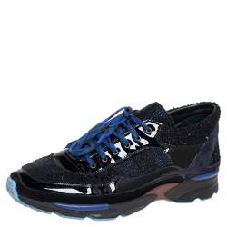 Chanel Black Patent Leather And Tweed Low Top Sneakers Size 44