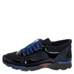 Chanel Black Patent Leather And Tweed Low Top Sneakers Size 44