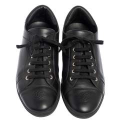 Chanel Black Leather CC Low Top Sneakers Size 44