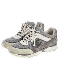 Chanel Grey Suede And Tweed CC Low Top Sneakers Size 41