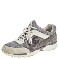 Chanel Grey Suede And Tweed CC Low Top Sneakers Size 41