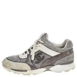 Chanel Grey Suede And Tweed CC Low Top Sneakers Size 41