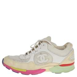 Chanel White/Cream Mesh And Suede CC Low Top Sneakers Size 42