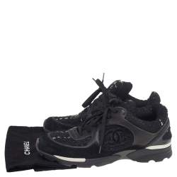Pre Owned Chanel Black Tweed And Suede CC Low Top Sneakers Size 41