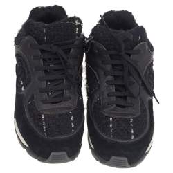 Pre Owned Chanel Black Tweed And Suede CC Low Top Sneakers Size 41