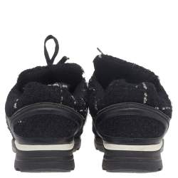 Pre Owned Chanel Black Tweed And Suede CC Low Top Sneakers Size 41