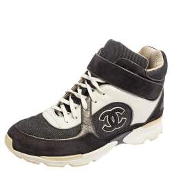 Chanel Grey-White Canvas, Suede, And Leather CC Mid Top Sneakers Size 41
