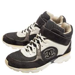 Chanel Grey-White Canvas, Suede, And Leather CC Mid Top Sneakers Size 41