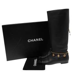 Chanel Black Leather CC Cap Toe Chain Embellished Knee Length Boots Size 40