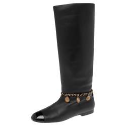 Chanel Black Leather CC Cap Toe Chain Embellished Knee Length Boots Size 40