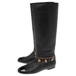 Chanel Black Leather CC Cap Toe Chain Embellished Knee Length Boots Size 40