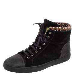 مملوكة مسبقًا حذاء رياضي شانيل تويد وجلد وسويدي أسود مرتفع من أعلى مقاس 45