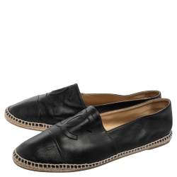 Chanel Black Leather CC Cap Toe  Espadrilles Flats Size 44